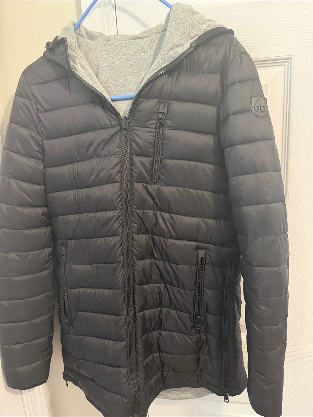 Moose Knuckles Black Quilted Puffer with Grey Hood Lining